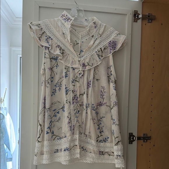 Zimmermann Tops - ZIMMERMANN- Boho Floral Lace Trim Sleeveless Tunic - Cream with Lavender & Blue